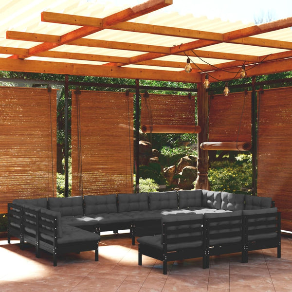 vidaXL 14-Piece Garden Lounge Set with Cushions Black Solid Pine Wood