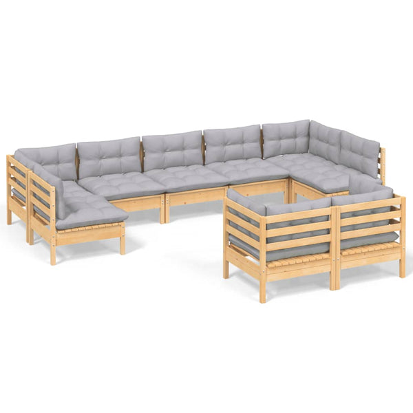 vidaXL 9-piece Garden Lounge Set with Grey Cushions Solid Pine Wood