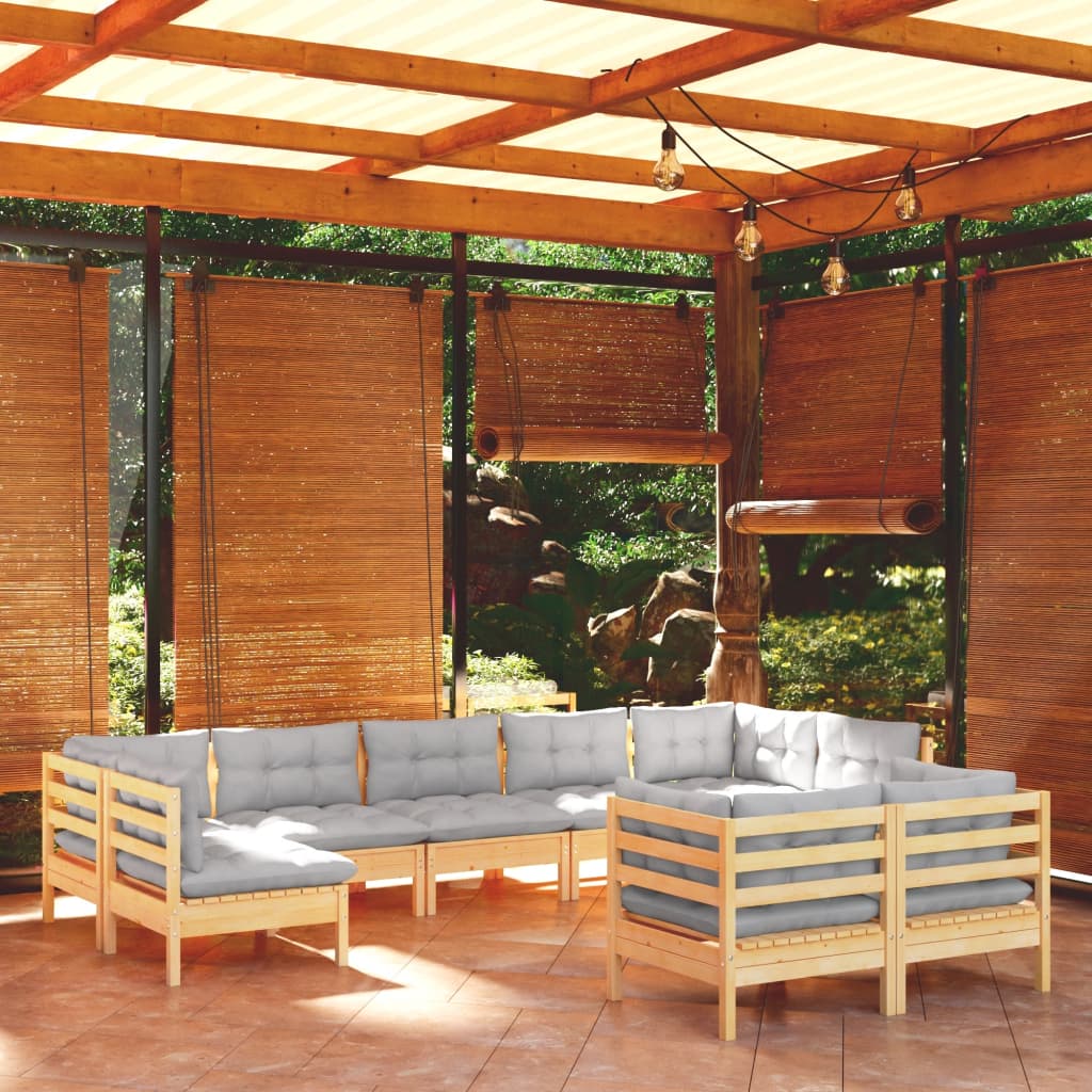 vidaXL 9-piece Garden Lounge Set with Grey Cushions Solid Pine Wood