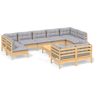 vidaXL 10-piece Garden Lounge Set with Grey Cushions Solid Pine Wood