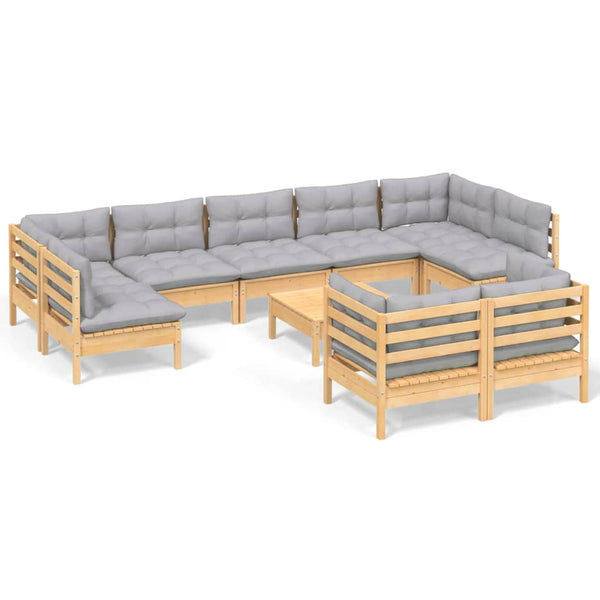 vidaXL 10-piece Garden Lounge Set with Grey Cushions Solid Pine Wood