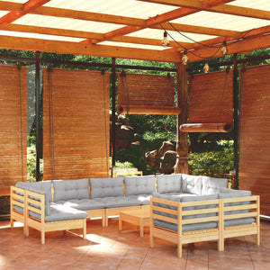 vidaXL 10-piece Garden Lounge Set with Grey Cushions Solid Pine Wood