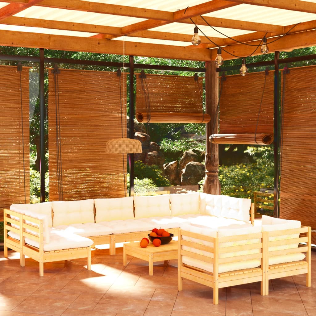 vidaXL 10-piece Garden Lounge Set with Cream Cushions Solid Pine Wood