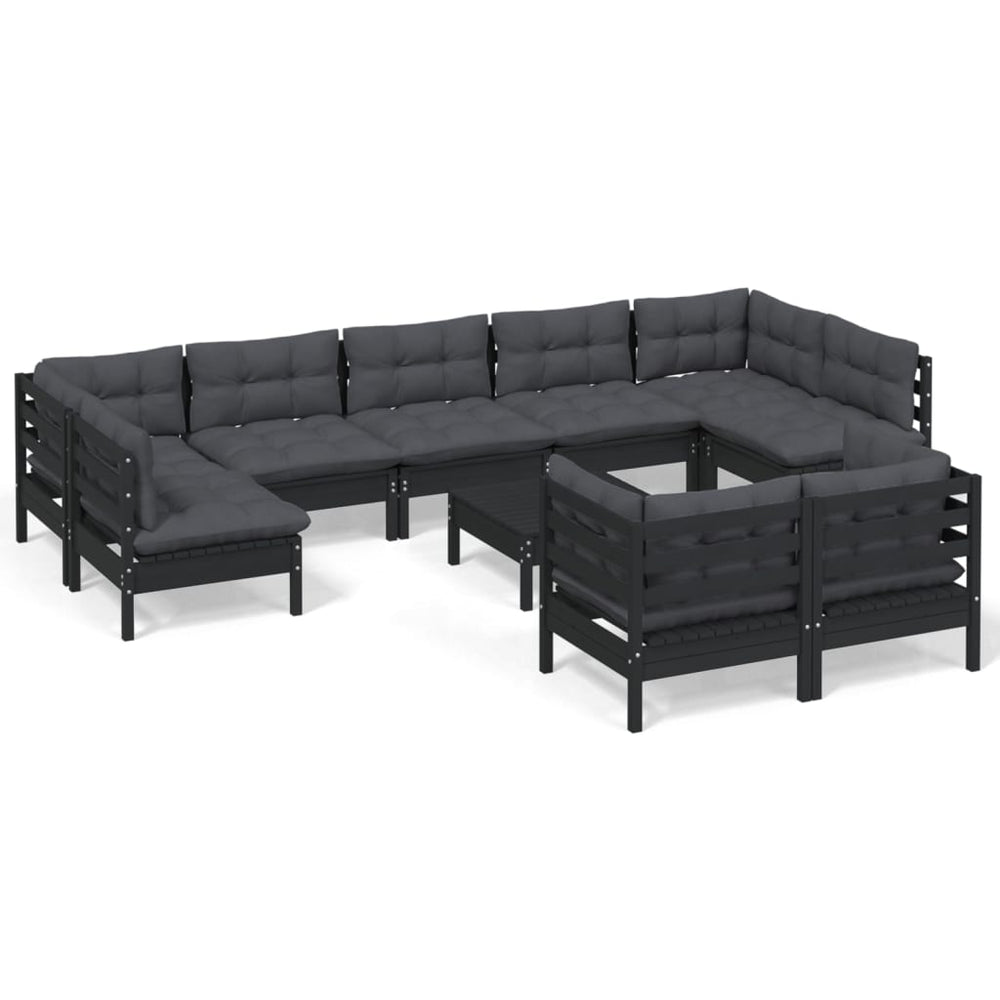 vidaXL 10-piece Garden Lounge Set with Cushions Black Solid Pine Wood