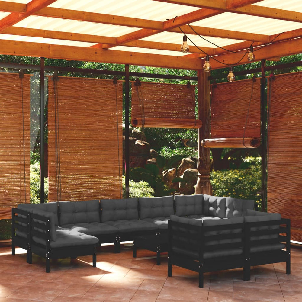 vidaXL 10-piece Garden Lounge Set with Cushions Black Solid Pine Wood