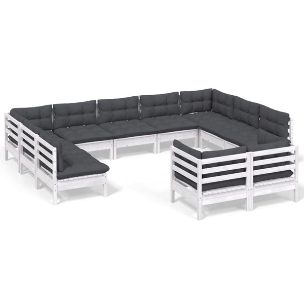 vidaXL 11-piece Garden Lounge Set with Cushions White Solid Pine Wood