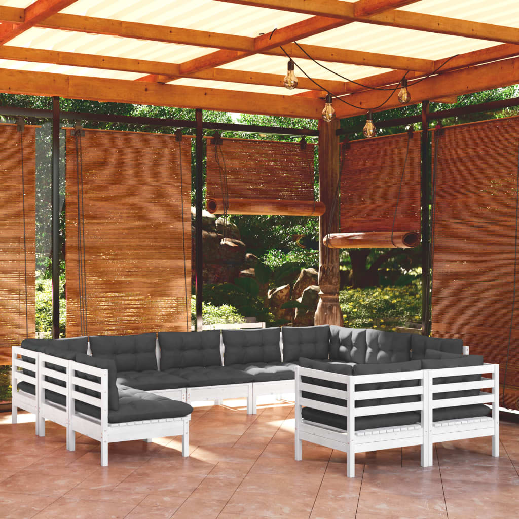 vidaXL 11-piece Garden Lounge Set with Cushions White Solid Pine Wood