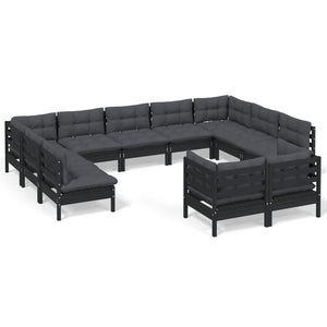 vidaXL 11-Piece Garden Lounge Set with Cushions Black Solid Pine Wood
