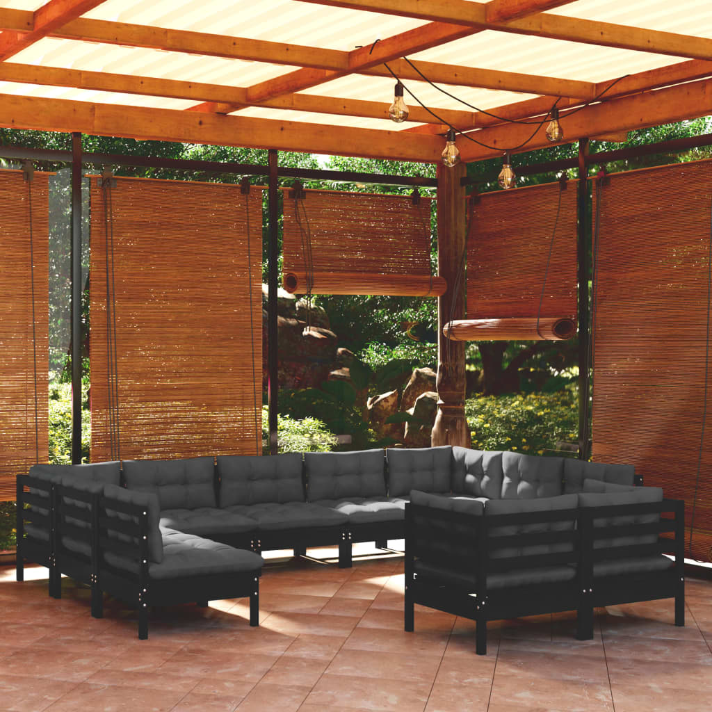 vidaXL 11-Piece Garden Lounge Set with Cushions Black Solid Pine Wood