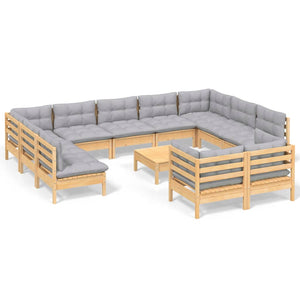 vidaXL 12-Piece Outdoor Lounge Set with Gray Cushions Solid Pine Wood