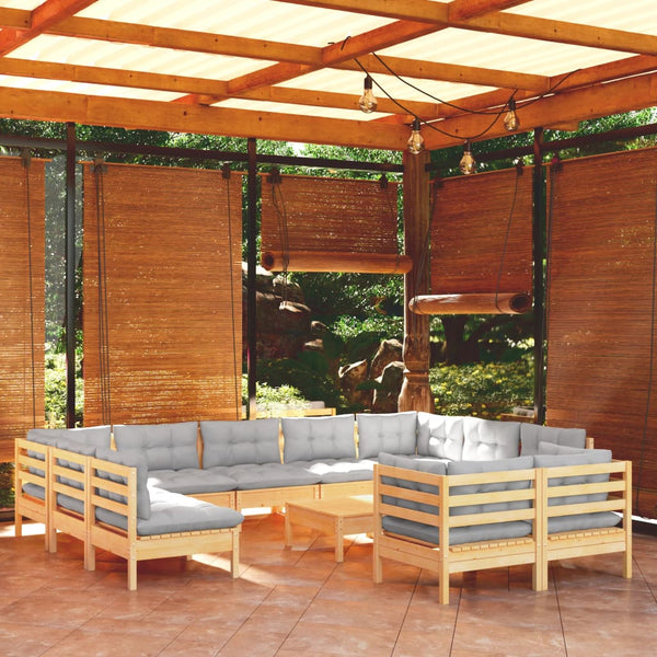vidaXL 12-Piece Outdoor Lounge Set with Gray Cushions Solid Pine Wood
