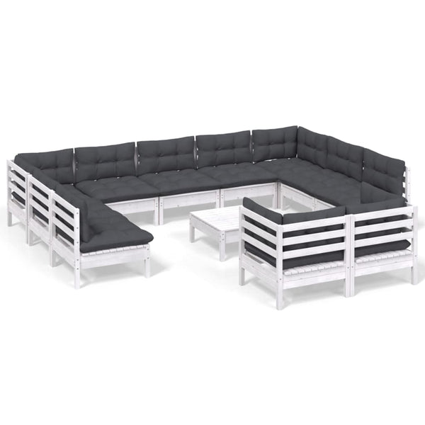 vidaXL 12-piece Garden Lounge Set with Cushions White Solid Pine Wood