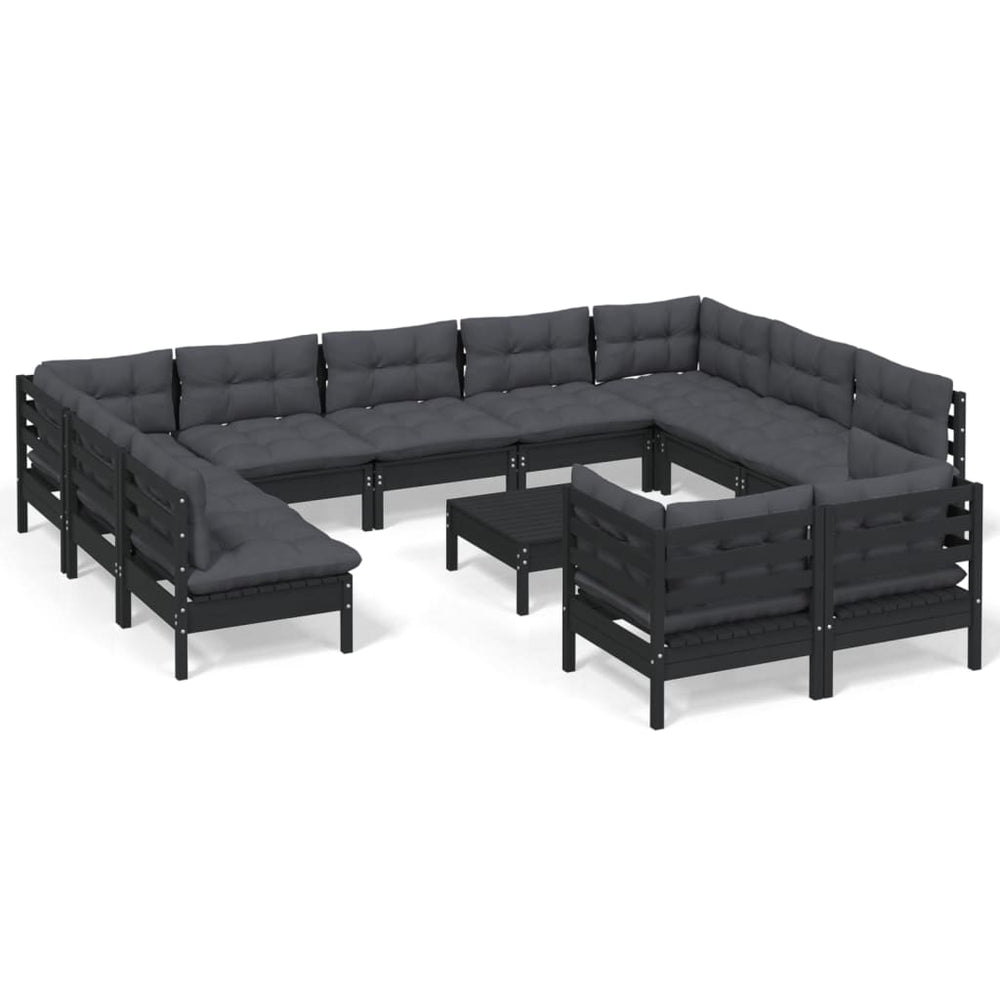 vidaXL 12-Piece Garden Lounge Set with Cushions Black Solid Pine Wood