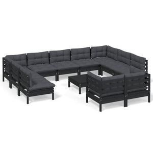 vidaXL 12-Piece Garden Lounge Set with Cushions Black Solid Pine Wood