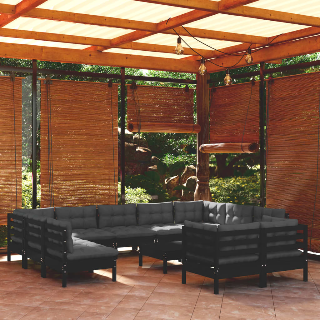 vidaXL 12-Piece Garden Lounge Set with Cushions Black Solid Pine Wood