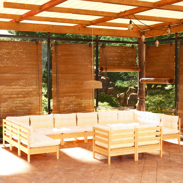 vidaXL 12-piece Garden Lounge Set with Cream Cushions Solid Pine Wood