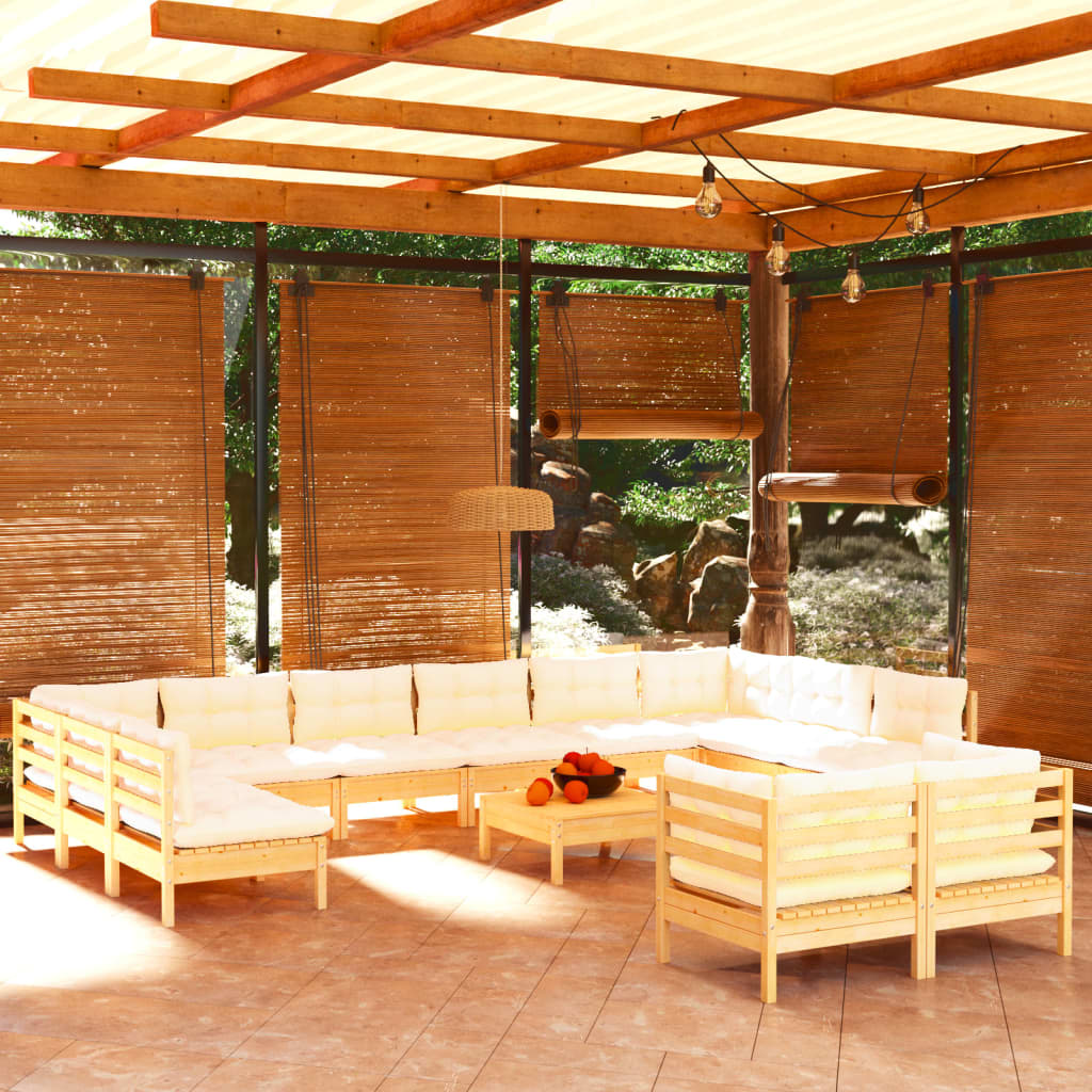 vidaXL 13-Piece Garden Lounge Set with Cream Cushions Pinewood