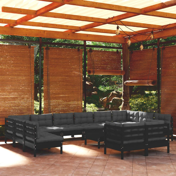 vidaXL 13-Piece Garden Lounge Set with Cushions Black Pinewood