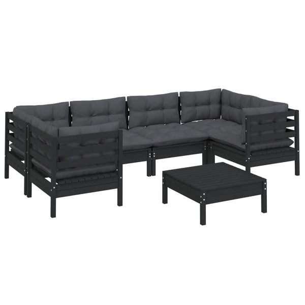 vidaXL 7-Piece Garden Lounge Set with Cushions Black Pinewood