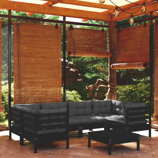 vidaXL 7-Piece Garden Lounge Set with Cushions Black Pinewood