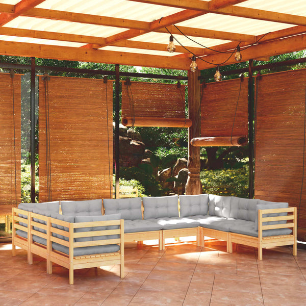 vidaXL 9-piece Garden Lounge Set with Grey Cushions Pine Wood