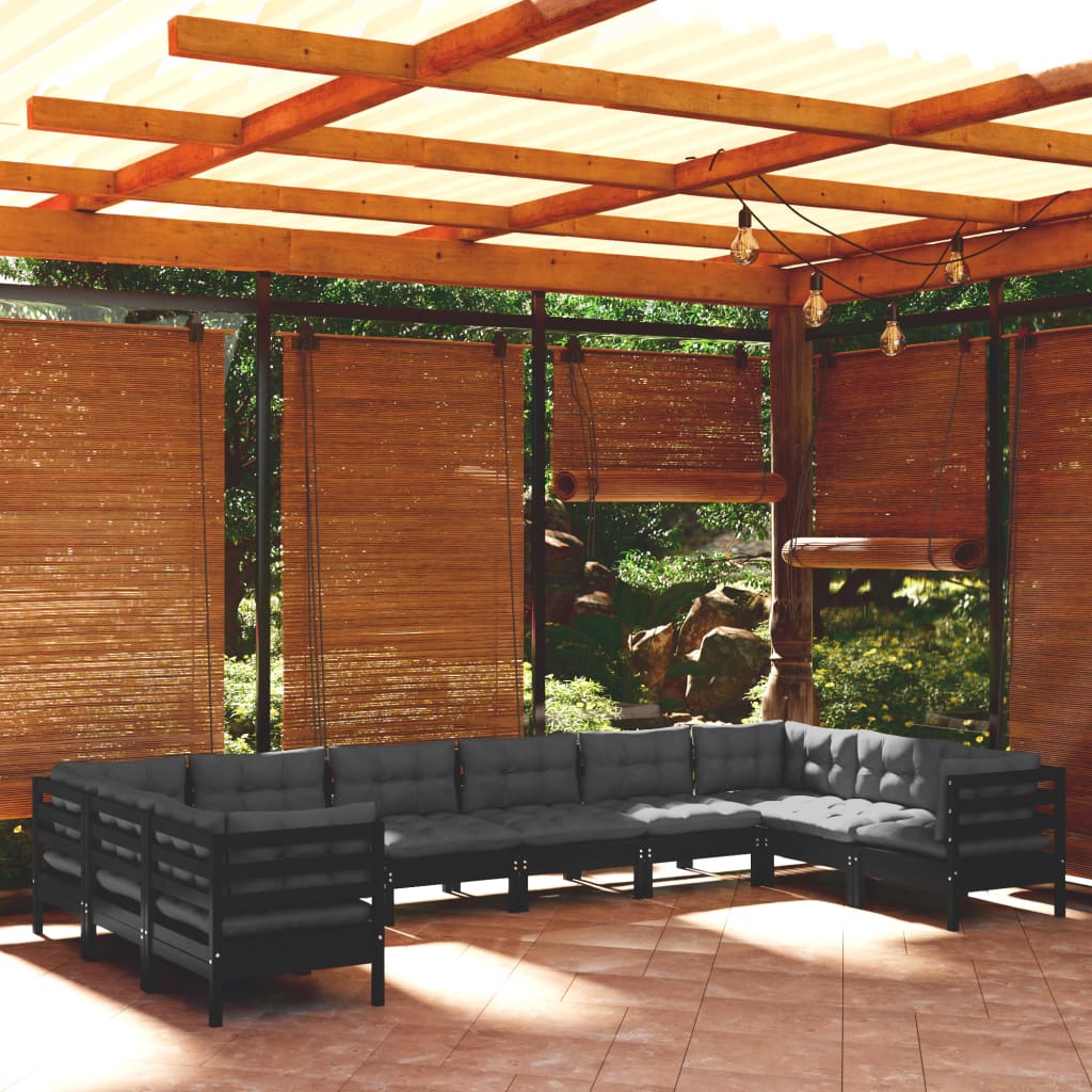 vidaXL 10-Piece Garden Lounge Set with Cushions Black Pinewood