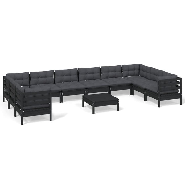 vidaXL 11-pc. Garden Lounge Set with Cushions Black Pinewood