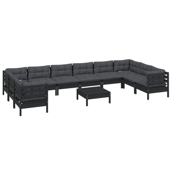 vidaXL 11-pc. Garden Lounge Set with Cushions Black Pinewood