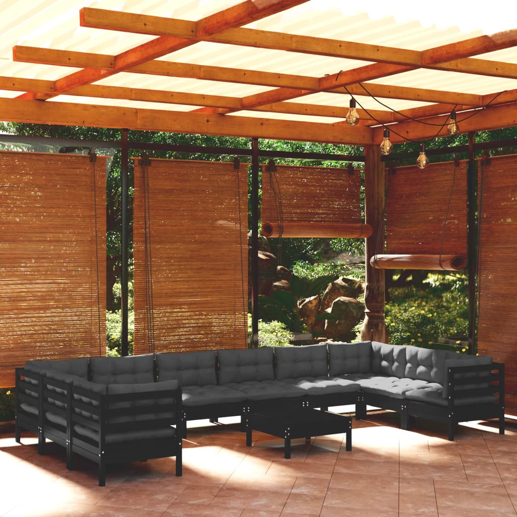 vidaXL 11-pc. Garden Lounge Set with Cushions Black Pinewood