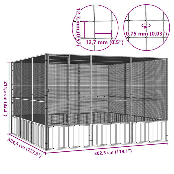 vidaXL Bird Cage Grey 302.5x324.5x211.5 cm Galvanized Steel