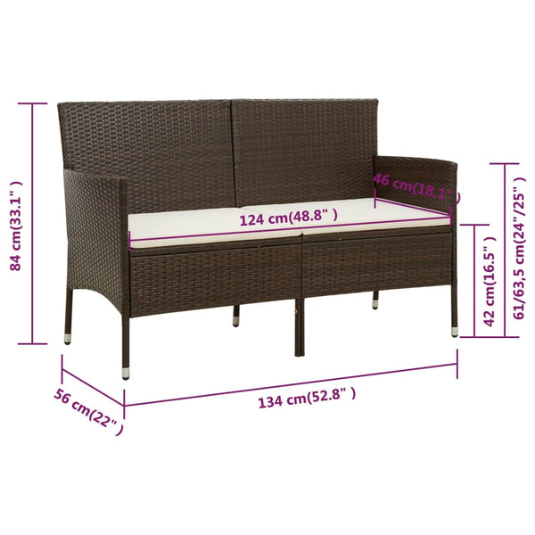 vidaXL 3-Seater Garden Sofa with Cushions Brown Poly Rattan