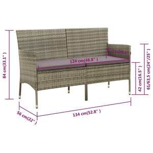 vidaXL 3-Seater Garden Sofa with Cushions Grey Poly Rattan