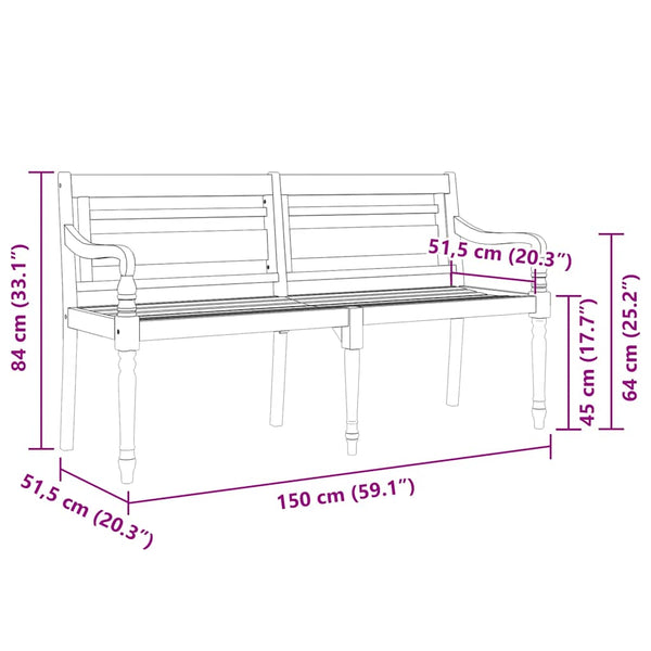 Batavia-Bank mit Creme Kissen 150 cm Massivholz Teak