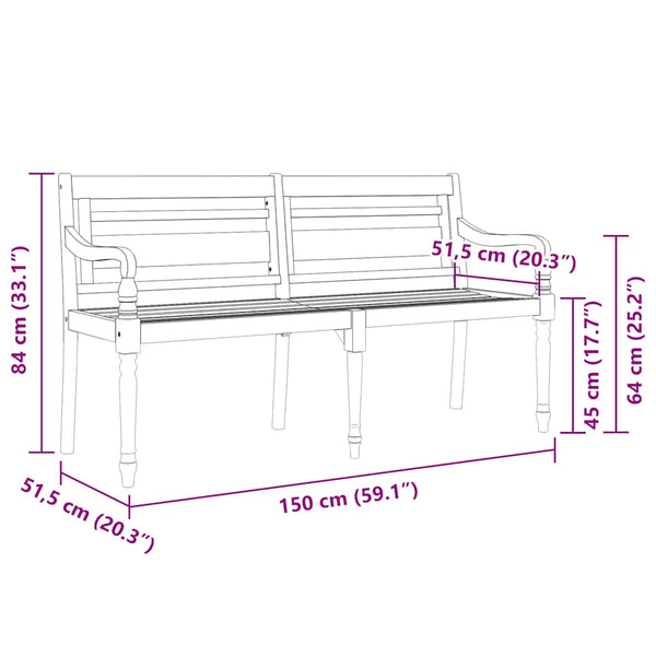 Batavia-Bank mit Schwarzem Kissen 150 cm Massivholz Teak