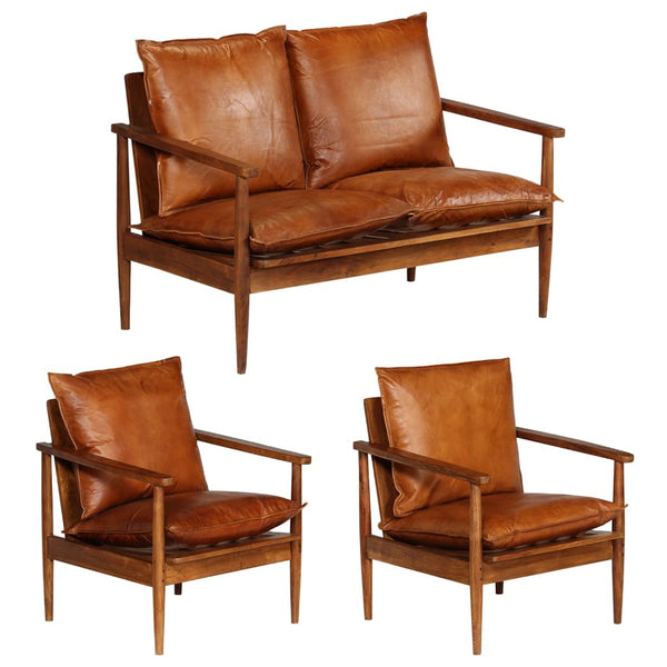 vidaXL 3-Piece Genuine Leather Sofa Set with Solid Acacia Wood Brown