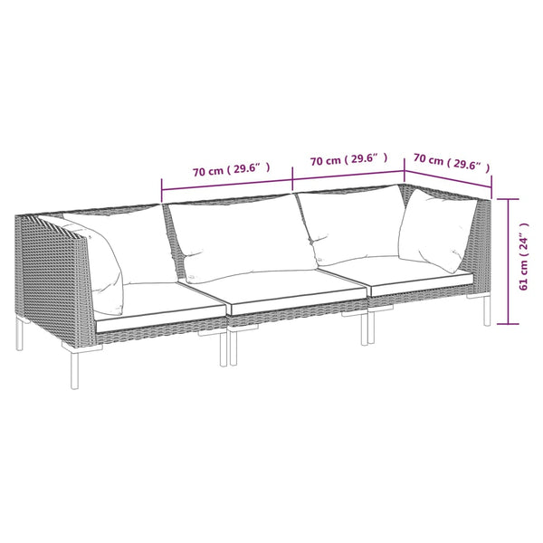 vidaXL 3-Piece Garden Lounge Set with Cushions Poly Rattan Dark Grey