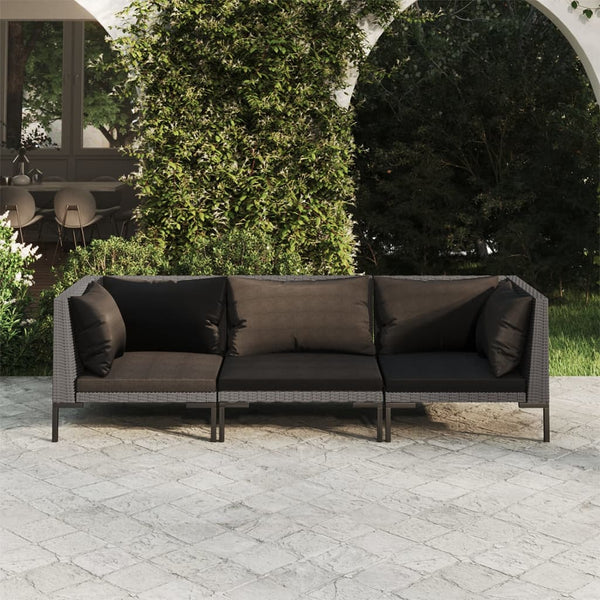 vidaXL 3-Piece Garden Lounge Set with Cushions Poly Rattan Dark Grey