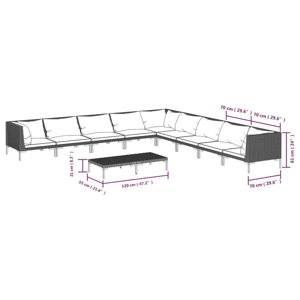 vidaXL 10-pc. Garden Lounge Set with Cushions Poly Rattan Dark Grey