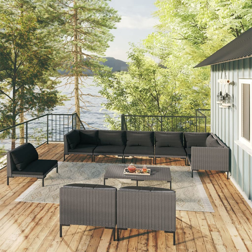 vidaXL 10-pc. Garden Lounge Set with Cushions Poly Rattan Dark Grey