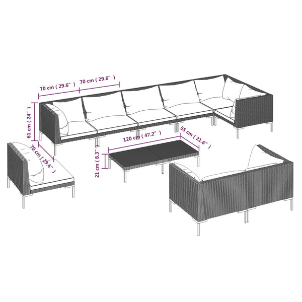 vidaXL 10-pc. Garden Lounge Set with Cushions Poly Rattan Dark Grey