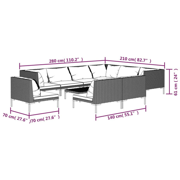 vidaXL 10-pc. Garden Lounge Set with Cushions Poly Rattan Dark Grey