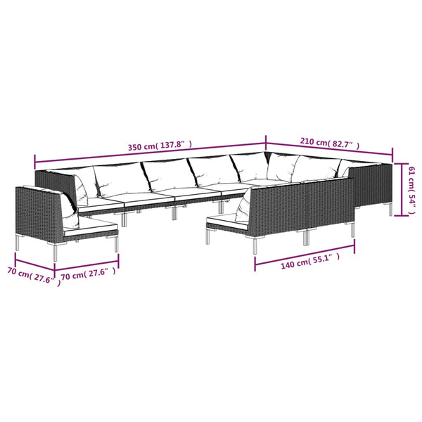 vidaXL 10-pc. Garden Lounge Set with Cushions Poly Rattan Dark Grey