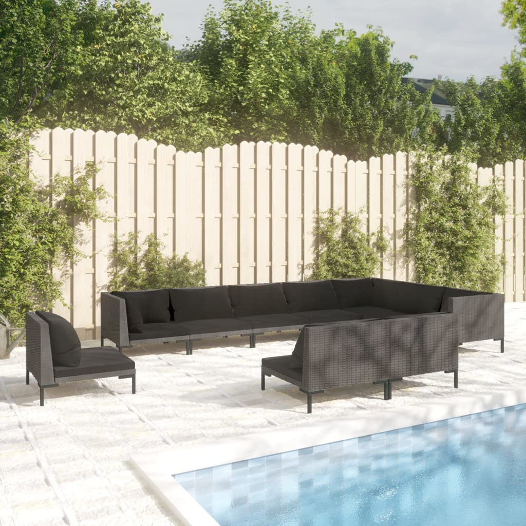 vidaXL 10-pc. Garden Lounge Set with Cushions Poly Rattan Dark Grey
