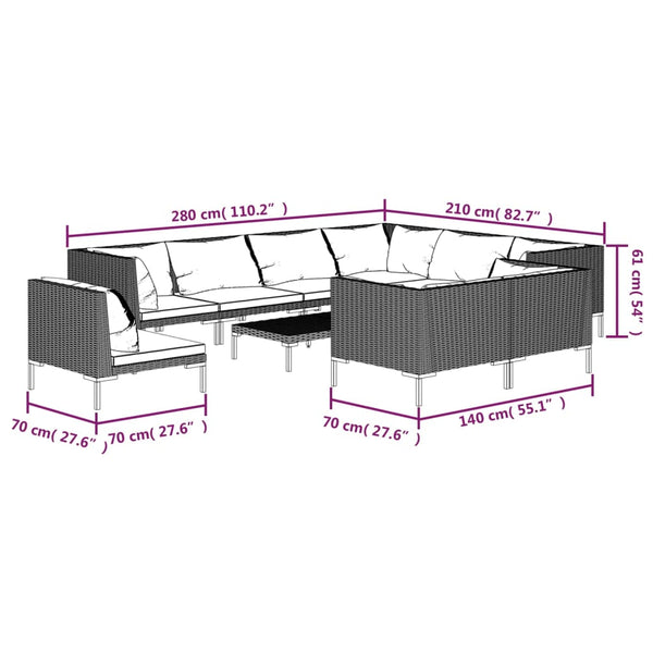 vidaXL 10-pc. Garden Lounge Set with Cushions Poly Rattan Dark Grey