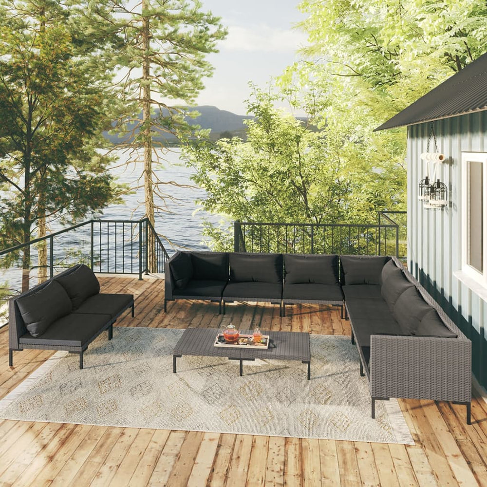 vidaXL 10-pc. Garden Lounge Set with Cushions Poly Rattan Dark Grey
