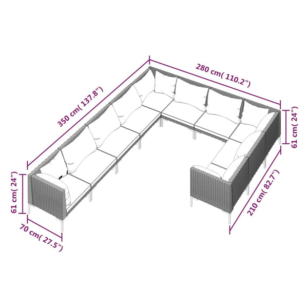 vidaXL 10-pc. Garden Lounge Set with Cushions Poly Rattan Dark Grey