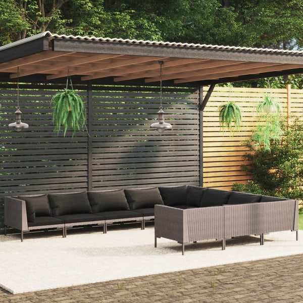 vidaXL 10-pc. Garden Lounge Set with Cushions Poly Rattan Dark Grey