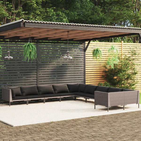 vidaXL 10-pc. Garden Lounge Set with Cushions Poly Rattan Dark Grey