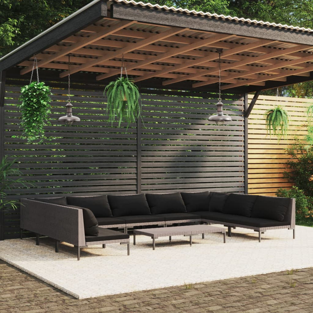 vidaXL 10-pc. Garden Lounge Set with Cushions Poly Rattan Dark Grey
