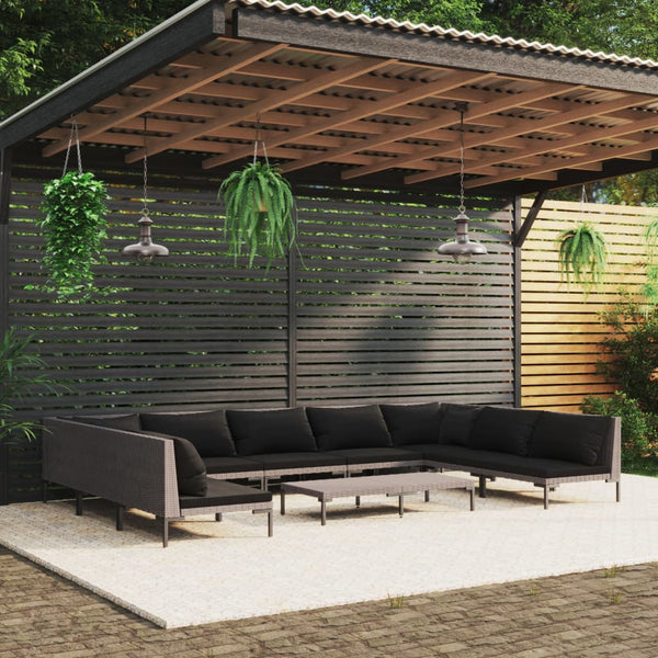 vidaXL 10-pc. Garden Lounge Set with Cushions Poly Rattan Dark Grey